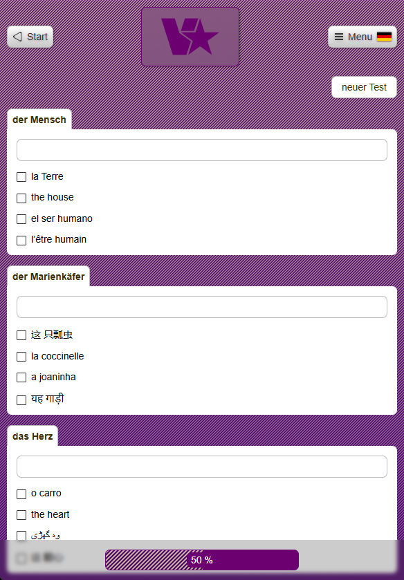 Screenshot VStar online testen von Vokabeln