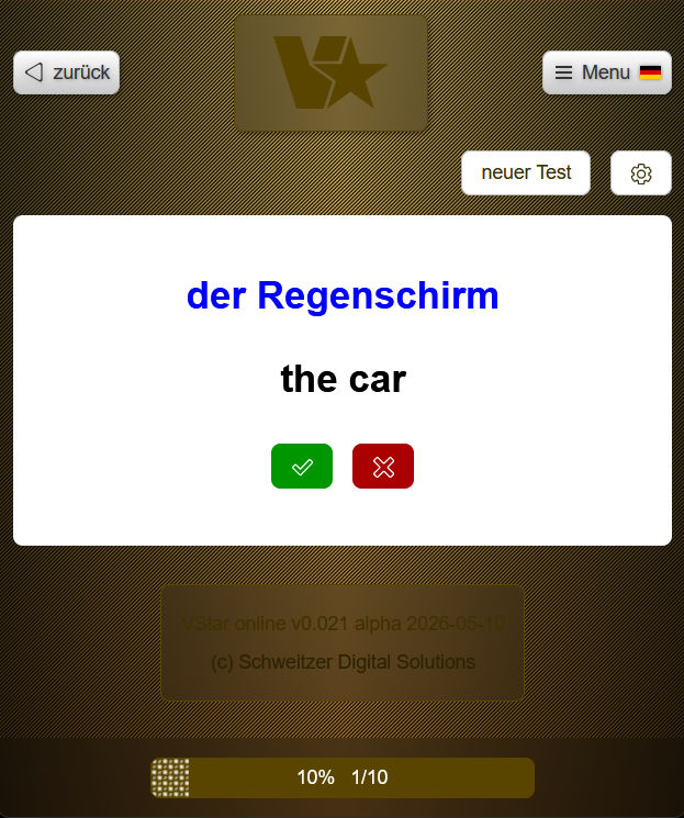 Screenshot VStar online testen von Vokabeln Flip-Card